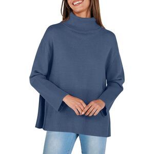 ANRABESS Oversized Blue Turtleneck Sweater Split Hem Knit Pullover Sweater Sz S
